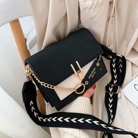 Trendy Flap Square Bag, Women's Fashion Faux Leather Purse, Stylish Chain Decor Crossbody Bag