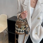 Mini Argyle Pattern Handbag, Fashion Cylinder Bucket Purse, Women's Crossbody Bag With Bunny Doll (6.24*5.46*4.68) Inch