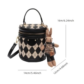 Mini Argyle Pattern Handbag, Fashion Cylinder Bucket Purse, Women's Crossbody Bag With Bunny Doll (6.24*5.46*4.68) Inch