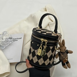 Mini Argyle Pattern Handbag, Fashion Cylinder Bucket Purse, Women's Crossbody Bag With Bunny Doll (6.24*5.46*4.68) Inch