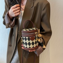 Mini Argyle Pattern Handbag, Fashion Cylinder Bucket Purse, Women's Crossbody Bag With Bunny Doll (6.24*5.46*4.68) Inch