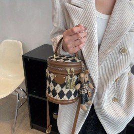 Mini Argyle Pattern Handbag, Fashion Cylinder Bucket Purse, Women's Crossbody Bag With Bunny Doll (6.24*5.46*4.68) Inch