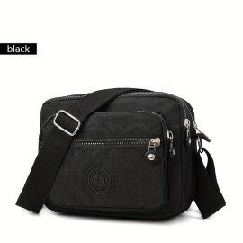 Durable Multi-layer Zipper Crossbody Bag, Nylon Square Shoulder Bag, Perfect Messenger Bag For Daily Use