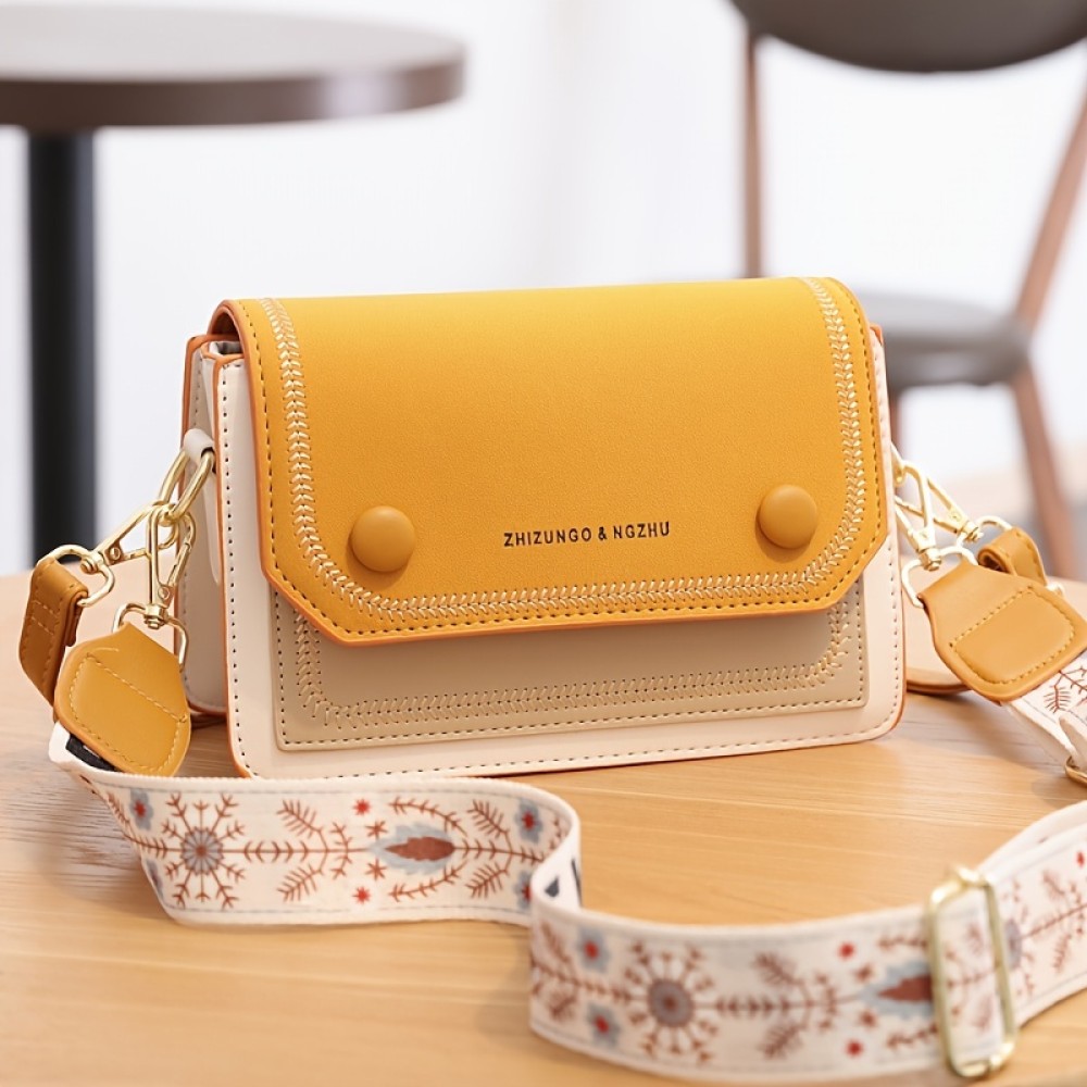 Stitch Detail Flap Square Bag, Trendy Colorblock Crossbody Bag, Casual Shoulder Purse With Wide Strap