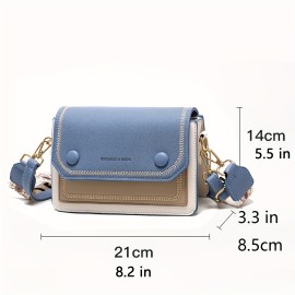 Stitch Detail Flap Square Bag, Trendy Colorblock Crossbody Bag, Casual Shoulder Purse With Wide Strap