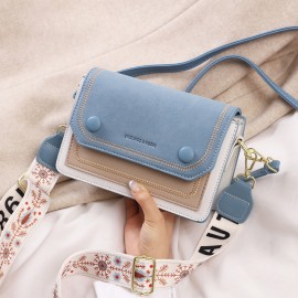 Stitch Detail Flap Square Bag, Trendy Colorblock Crossbody Bag, Casual Shoulder Purse With Wide Strap