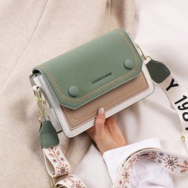 Stitch Detail Flap Square Bag, Trendy Colorblock Crossbody Bag, Casual Shoulder Purse With Wide Strap