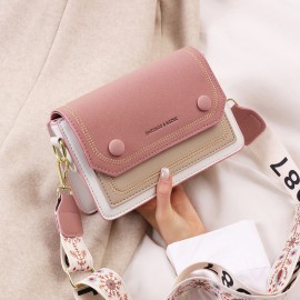 Stitch Detail Flap Square Bag, Trendy Colorblock Crossbody Bag, Casual Shoulder Purse With Wide Strap