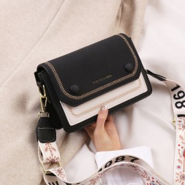 Stitch Detail Flap Square Bag, Trendy Colorblock Crossbody Bag, Casual Shoulder Purse With Wide Strap