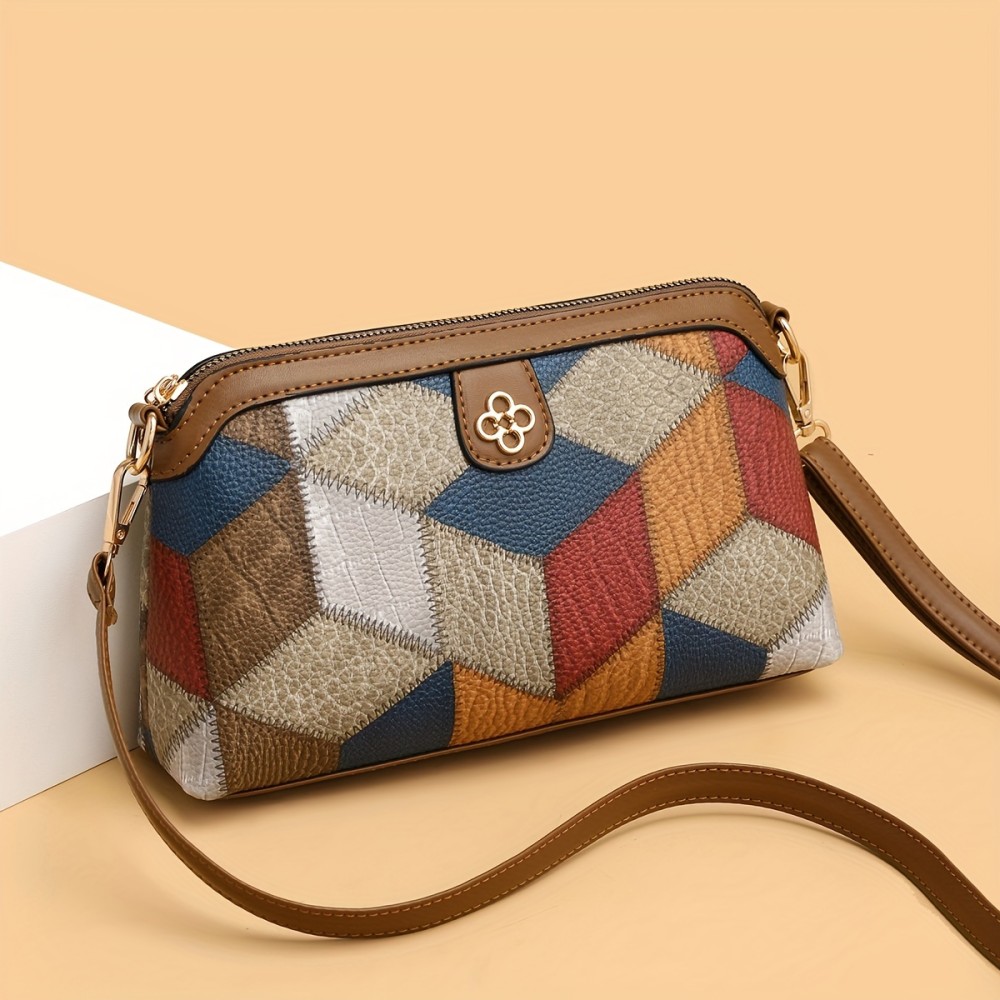 Argyle Pattern Crossbody Bag, Vintage Colorblock Shoulder Bag, Women's Every Day Purse With Zipper