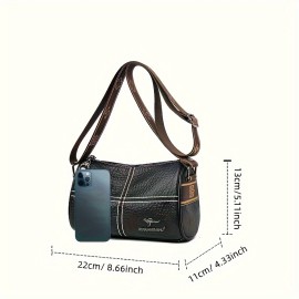 Genuine Leather Crossbody Bag, Wide Shoulder Strap Cylinder Purse, Fashion Stitching Shoulder Bag For Women