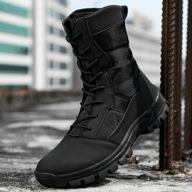 Men's Solid High Top Military Tactical Work Boots, Non Slip Comfy Durable Boots For Outdoor Hiking Activities