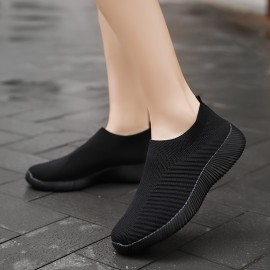 Women's Solid Color Knitted Sneakers, Soft Sole Platform Walking Slip On Shoes, Low-top Breathable Sock Shoes