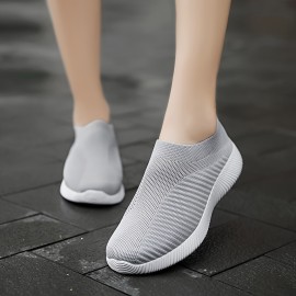 Women's Solid Color Knitted Sneakers, Soft Sole Platform Walking Slip On Shoes, Low-top Breathable Sock Shoes