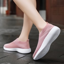 Women's Solid Color Knitted Sneakers, Soft Sole Platform Walking Slip On Shoes, Low-top Breathable Sock Shoes