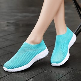 Women's Solid Color Knitted Sneakers, Soft Sole Platform Walking Slip On Shoes, Low-top Breathable Sock Shoes