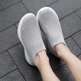 Women's Solid Color Knitted Sneakers, Soft Sole Platform Walking Slip On Shoes, Low-top Breathable Sock Shoes