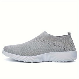 Women's Solid Color Knitted Sneakers, Soft Sole Platform Walking Slip On Shoes, Low-top Breathable Sock Shoes