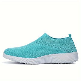 Women's Solid Color Knitted Sneakers, Soft Sole Platform Walking Slip On Shoes, Low-top Breathable Sock Shoes