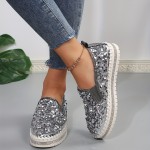 Women's Sequins Flat Shoes, Fashion Round Toe Slip On Shoes, Stylish Low Top Sneakers