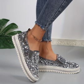 Women's Sequins Flat Shoes, Fashion Round Toe Slip On Shoes, Stylish Low Top Sneakers