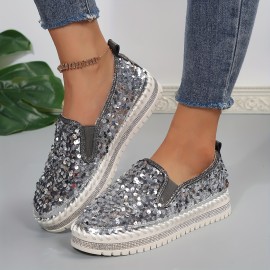 Women's Sequins Flat Shoes, Fashion Round Toe Slip On Shoes, Stylish Low Top Sneakers