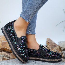 Women's Sequins Flat Shoes, Fashion Round Toe Slip On Shoes, Stylish Low Top Sneakers