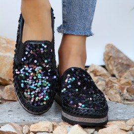 Women's Sequins Flat Shoes, Fashion Round Toe Slip On Shoes, Stylish Low Top Sneakers