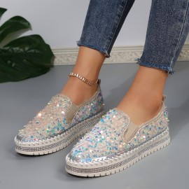 Women's Sequins Flat Shoes, Fashion Round Toe Slip On Shoes, Stylish Low Top Sneakers