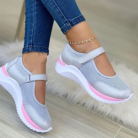 Women's Wedge Mesh Hollow Out Casual Shoes, Solid Color Hook And Loop Shoes, Breathable Walking Shoes