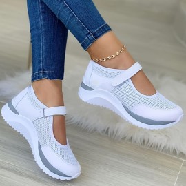 Women's Wedge Mesh Hollow Out Casual Shoes, Solid Color Hook And Loop Shoes, Breathable Walking Shoes