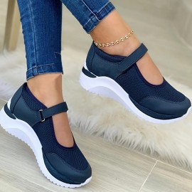 Women's Wedge Mesh Hollow Out Casual Shoes, Solid Color Hook And Loop Shoes, Breathable Walking Shoes