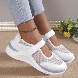 Women's Wedge Mesh Hollow Out Casual Shoes, Solid Color Hook And Loop Shoes, Breathable Walking Shoes