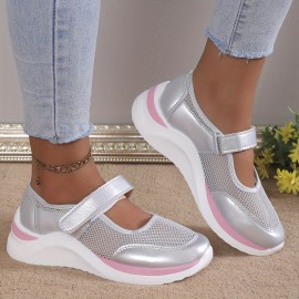 Women's Wedge Mesh Hollow Out Casual Shoes, Solid Color Hook And Loop Shoes, Breathable Walking Shoes