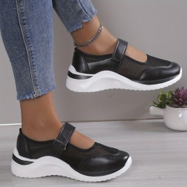 Women's Wedge Mesh Hollow Out Casual Shoes, Solid Color Hook And Loop Shoes, Breathable Walking Shoes