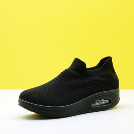 Women's Black Flying Woven Sneakers, Casual Slip On Outdoor Shoes, Lightweight Low Top Air Cushion Shoes