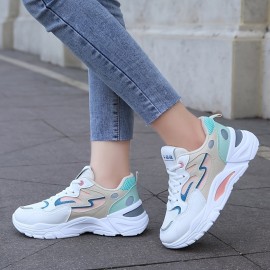 Women's Colorblock Mesh Sneakers, Lace Up Breathable Casual Sporty Trainers, Platform Low-top Running Shoes