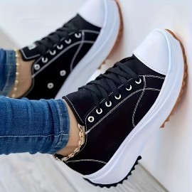 Women's Platform Canvas Shoes, Casual Round Toe Solid Lace Up Sneakers, Lightweight Walking Sneakers