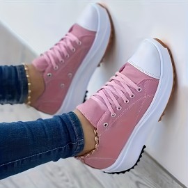 Women's Platform Canvas Shoes, Casual Round Toe Solid Lace Up Sneakers, Lightweight Walking Sneakers