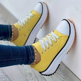 Women's Platform Canvas Shoes, Casual Round Toe Solid Lace Up Sneakers, Lightweight Walking Sneakers