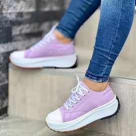 Women's Platform Canvas Shoes, Casual Round Toe Solid Lace Up Sneakers, Lightweight Walking Sneakers