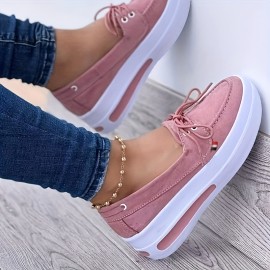 Women's Platform Slip On Sneakers, Casual Solid Color Lace Up Loafers, Non-slip Rocking Shoes