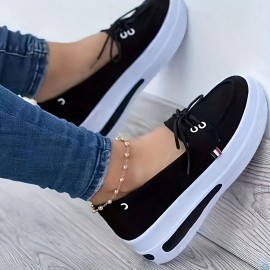 Women's Platform Slip On Sneakers, Casual Solid Color Lace Up Loafers, Non-slip Rocking Shoes