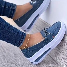 Women's Platform Slip On Sneakers, Casual Solid Color Lace Up Loafers, Non-slip Rocking Shoes