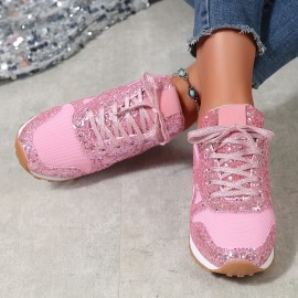 Women's Solid Color Casual Sneakers, Lace Up Sequins Pattern Breathable Comfy Trainers, Low-top Sporty Shoes