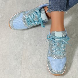 Women's Solid Color Casual Sneakers, Lace Up Sequins Pattern Breathable Comfy Trainers, Low-top Sporty Shoes