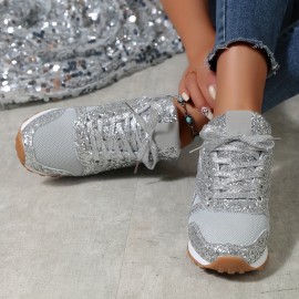 Women's Solid Color Casual Sneakers, Lace Up Sequins Pattern Breathable Comfy Trainers, Low-top Sporty Shoes