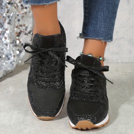 Women's Solid Color Casual Sneakers, Lace Up Sequins Pattern Breathable Comfy Trainers, Low-top Sporty Shoes