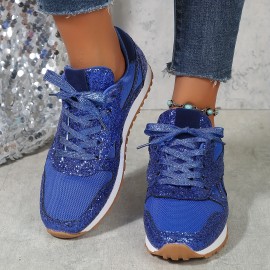 Women's Solid Color Casual Sneakers, Lace Up Sequins Pattern Breathable Comfy Trainers, Low-top Sporty Shoes