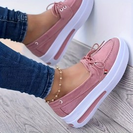 Women's Solid Color Comfy Sneakers, Lace Up Platform Round Toe Shoes, Versatile Low Wedge Casual Shoes